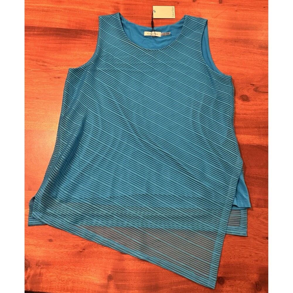 Calvin Klein Women's M Blue Mesh Stripe Asymmetric Sleeveless Tunic Tank Top NWT